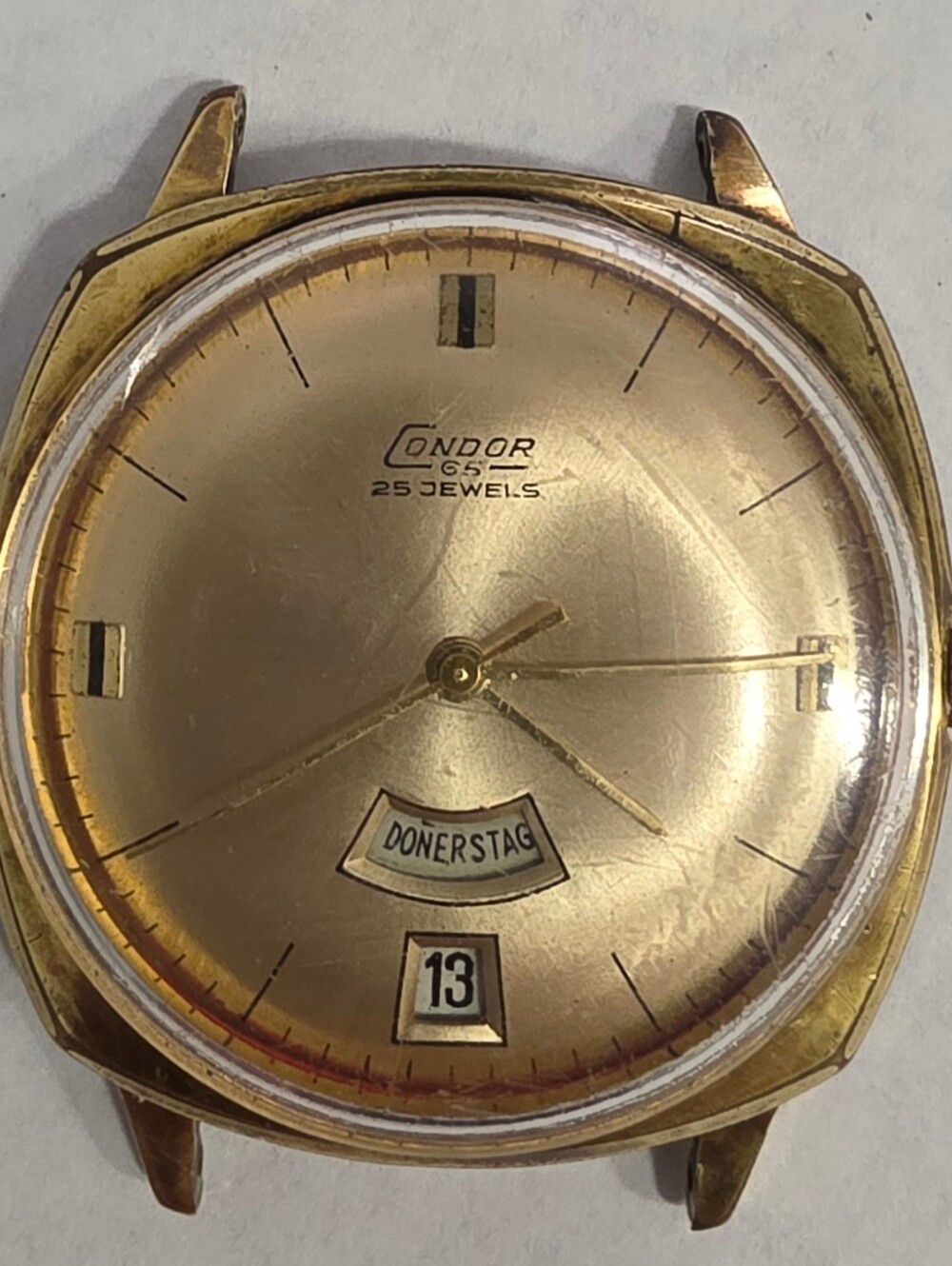 Vintage Condor 65 Automatic 25J German Watch Discu-Safe Day Date RUNS HEAD ONLY
